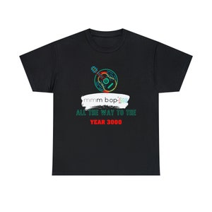 May include: Black t-shirt with a neon green and red graphic of a guitar and record with the text "mmm bop!" and "ALL THE WAY TO THE YEAR 3000".