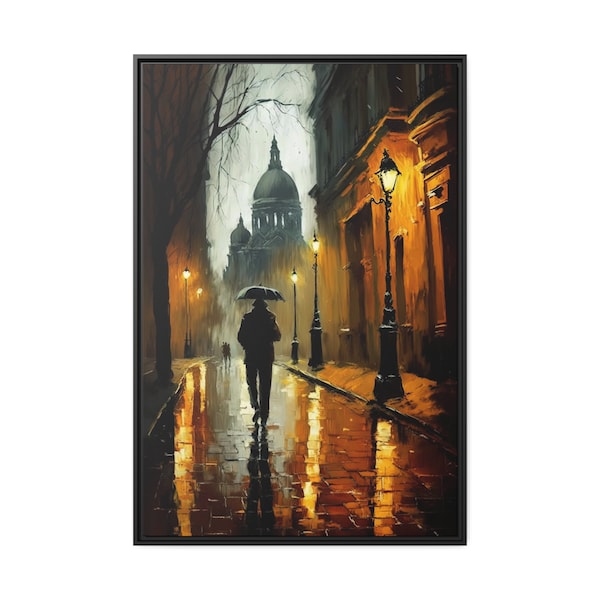 Walking Man in the Rain with Umbrella in Hand, Cityscape Art Print, City Street Scene Art Decor for Cozy Home, Rainy Day - Digital Download