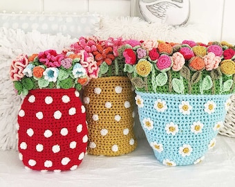 Crochet Pattern Cushions ‘Dots & Flowers’ - pillows vases polkadot decoration - DIY Instructions (PDF download in English, Dutch, Italian)