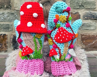 Crochet Pattern Mittens ‘Fairytale’ - gloves winter mushrooms handwarmers - DIY Instructions (PDF download in English, Dutch, Italian)