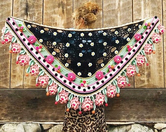 Crochet Pattern Shawl ‘Rosita’ - wrap stole openwork flowers Ibiza lace - DIY Instructions (PDF download in English, Dutch, Italian)