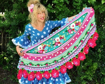 Crochet pattern Stole &#39;Flower Garden&#39; - scarf shawl flowers colorful pompoms - Manual (PDF download in Dutch, English, Italian)