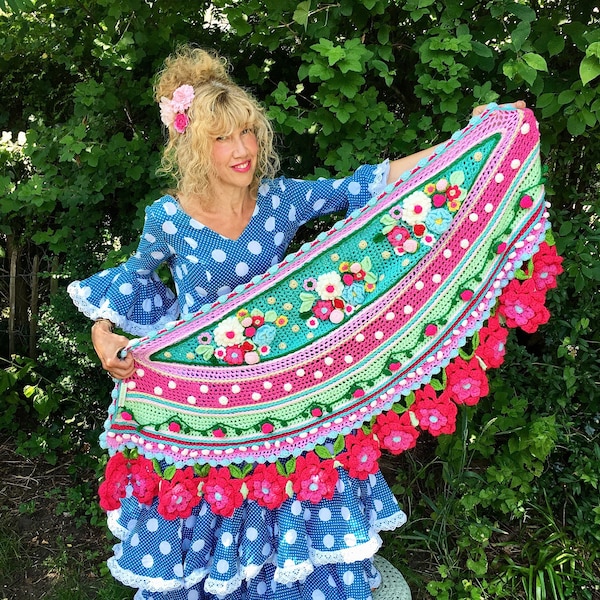 Crochet pattern Stole 'Flower Garden' - scarf shawl flowers colorful pompoms - Manual (PDF download in Dutch, English, Italian)
