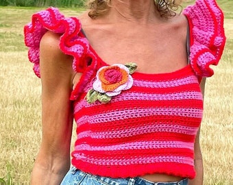 Crochet Pattern Ruffle Sleeve Top ‘Marisol’ - summer flowers flamenco colorful - DIY Instructions (PDF download in English, Dutch, Italian)