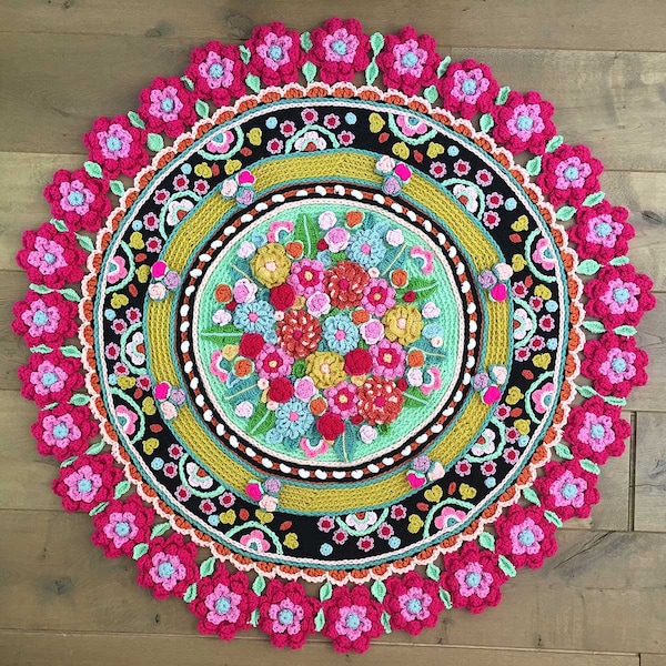 Crochet Pattern Rug ‘Garden of Joy’ - flowers wall table bed runner decoration - DIY Instructions (PDF download in English, Dutch, Italian)