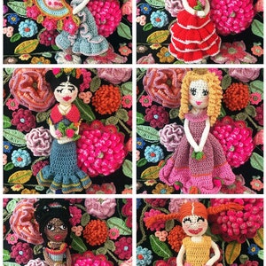 May include: A collage of six crocheted dolls, each dressed in a different colorful outfit and posed against a background of crocheted flowers. The dolls are all handmade and feature intricate details.