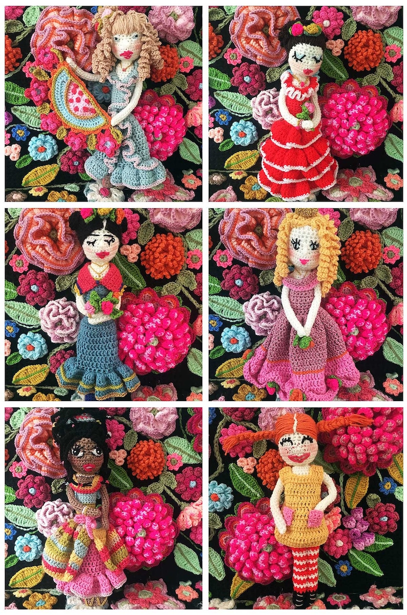 May include: A collage of six crocheted dolls, each dressed in a different colorful outfit and posed against a background of crocheted flowers. The dolls are all handmade and feature intricate details.
