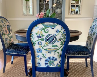 Four Dining Chairs with Embroidered Floral and Sapphire Velvet Fabric