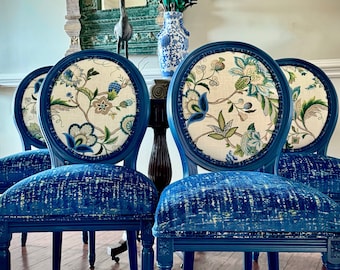Four Dining Chairs with Large Floral and Sapphire Velvet Fabric