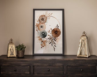 Boho style watercolor poster - Copper and Taupe Color - flowers - circles - wall decor - 16x24
