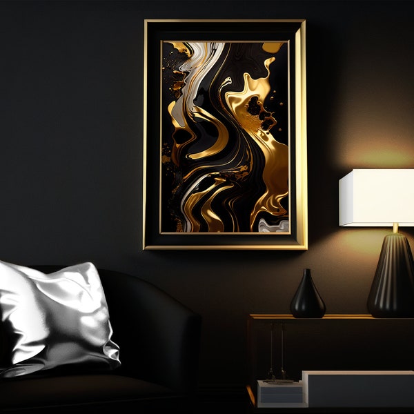 Peinture numérique abstraite de luxe - Noir et Or - Art fluide - Abstrait - roomdecor - 16x24