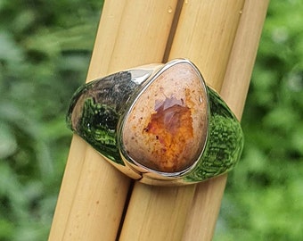 Mexican Fire Opal Ring for Men, Wide Chunky Band, Mens Engagement Ring, Sterling Silver
