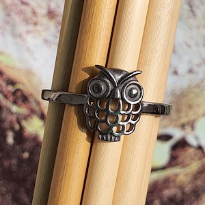 May include: A silver-colored owl ring. The ring features a detailed owl design with large eyes and a textured body. The ring is set against a background of bamboo sticks and a blurred natural backdrop.