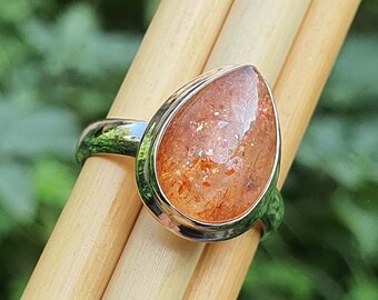 Pear Sunstone Ring for Her * Handmade Gift * Natural Sunstone Jewelry * 925 Sterling Silver * Goldstone Ring * Sparkle Ring * Mothers Gifts