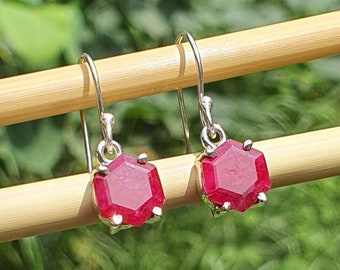 Hexagon Ruby Delicate Dangle Earrings for Women * Handmade Gift * Ruby Corundum Earrings * Geometric Jewelry * Anniversary Gift for Her