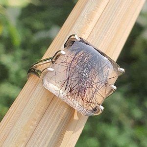 Square Black Rutilated Quartz 925 Sterling Silver Ring- Mens Rings- Split Band - Mens Engagement Ring - Dad Gift- Black Rutile Jewelry