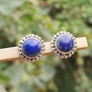 Lapis Lazuli Stud Earrings 925 Sterling Silver, Beaded Border Design, Round Blue Gemstone, Minimalist, September Birthstone, Gift for Her