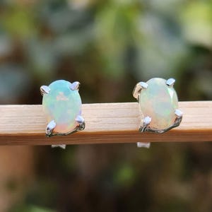 Oval Real Fire Opal Stud Earrings 925 Sterling Silver- Handmade- Ethiopian Opal Earrings- October Birthstone- Healing Crystal- Gift for Mom