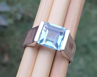 Square cut Blue Topaz Ring for Men  925 Sterling Silver Bold Ring Mens Blue Topaz Ring Unique Gift for Him Engagement Gift Birthday Gift