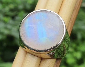 Large Round Moonstone Men's Ring * Wide Band Sterling Silver Chunky Rings * Rainbow Moonstone
