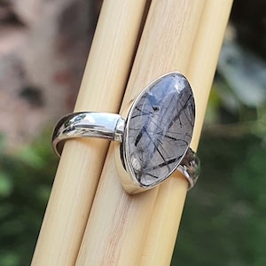 Anel Marquise de Rutilo Preto - Prata de Lei 925, Anel de Quartzo Rutilado Preto, Cabelo Preto, Anel, Delicado, Joia com Pedra de Nascimento, Presente de Noivado