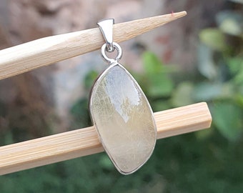 Leaf Sterling Silver Rutilated Quartz Pendant for Men– Golden Gemstone, Handmade, Fancy Shape Gemstone Jewellery Gift