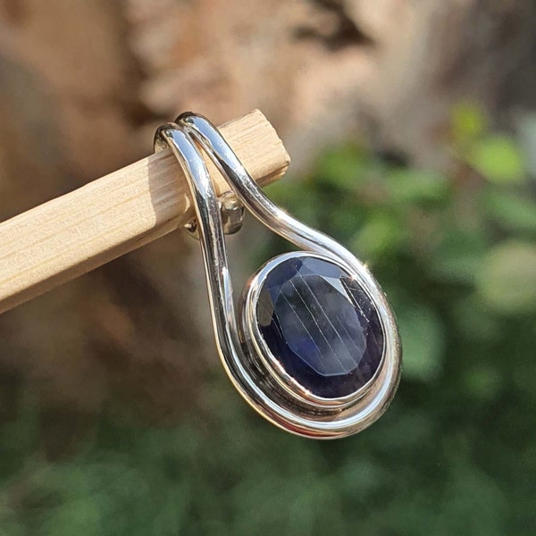 Iolite Pendant Charm Sterling Silver- Handmade, Dainty, Blue Iolite Jewelry, Oval Gemstone, September Birthstone, Trendy Jewelry, Dad Gift