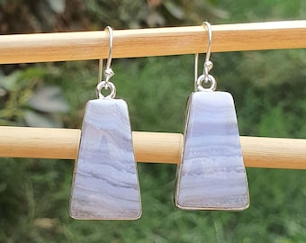 Natural Blue Agate Earrings in Sterling Silver, Trapezium Shape, Blue Lace Agate Jewelry, Mothers Gifts, Wedding Gift, Handmade Jewelry