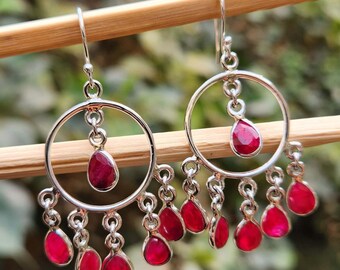 Teardrop Ruby Corundum Dangle Earrings- 925 Sterling Silver- Handmade Bollywood Jewelry-Pink Ruby Earrings-Multistone- Birthday Gift for Her