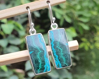 Rectangle Green Malachite Chrysocolla Earrings for Women - 925 Sterling Silver Women's Jewelry - Unique Gift for Her
