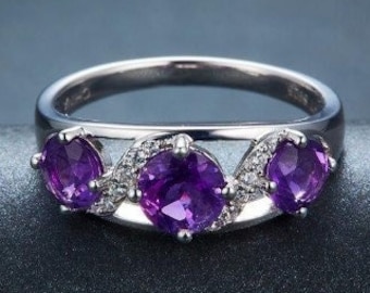 African Amethyst Ring* 3 Stone Ring* Three Birthstone Ring* Purple Amethyst Jewelry* CZ Engagement Ring* Propose Ring* Women Ring* Mom Gift