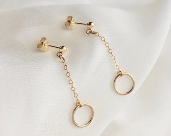 Open Circle Gold Chain Earrings for Women * 925 Sterling Silver * Open Circle Dangle Earrings* Long Chain Earrings* Anniversary Gift for Her