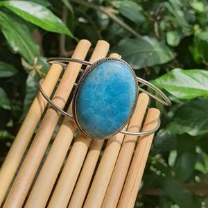 Oval Larimar Adjustable Cuff Bangle Bracelet 925 Sterling Silver- Handmade Jewelry- Larimar Jewelry- Birthday Gift for Her- Large Stone