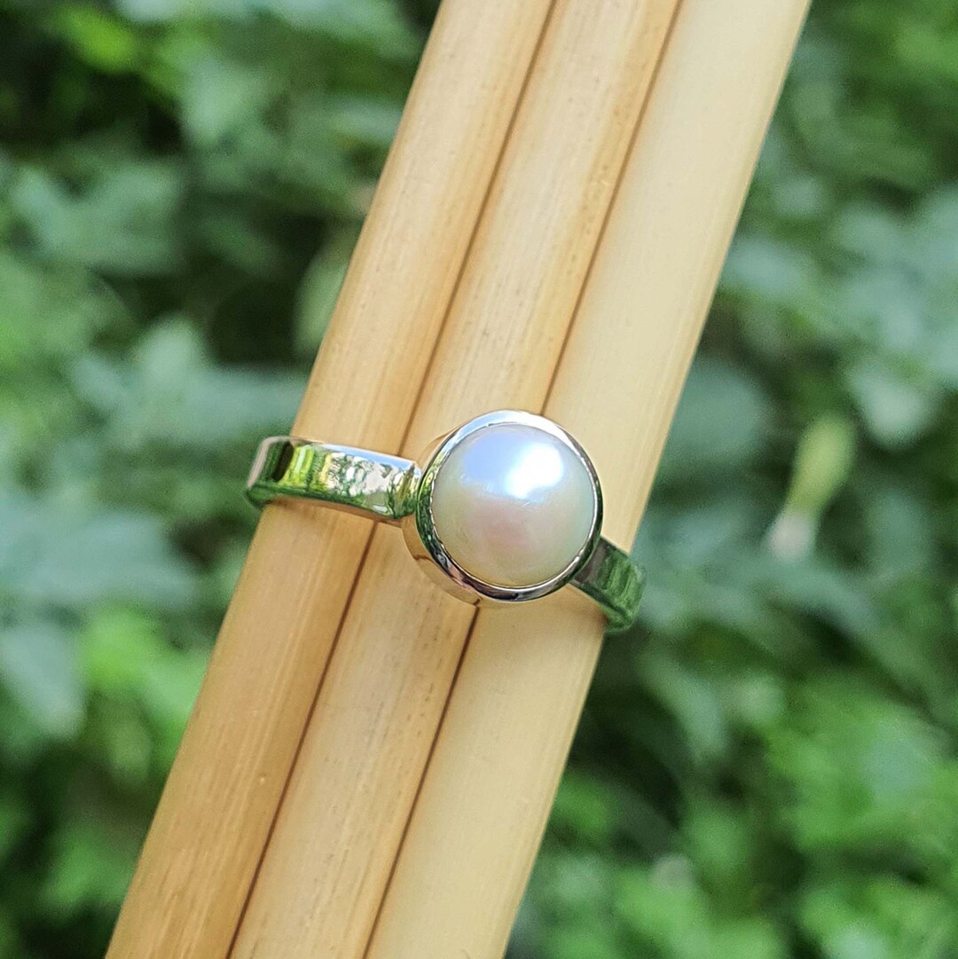 White Pearl Ring Sterling Silver Handmade Gift Pearl Jewelry White Stone Dainty Stacking Ring