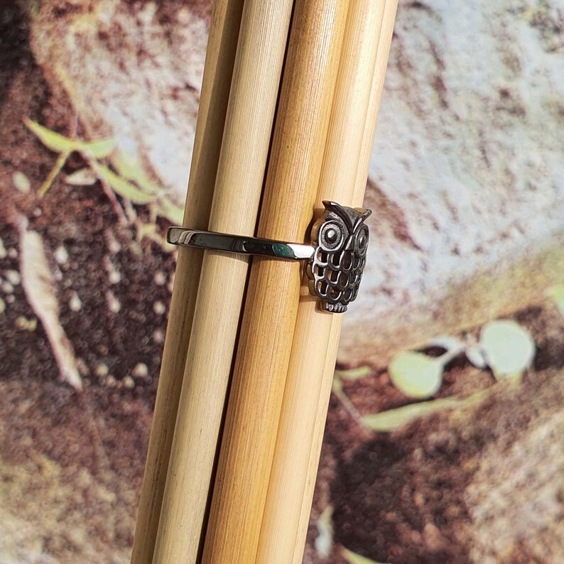 May include: A silver-colored ring featuring an owl design. The owl has detailed feather patterns and large eyes. The ring is displayed on a bundle of wooden dowels against a blurred background of green and brown.
