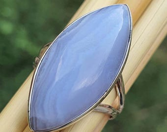 Marquise Blue Lace Agate Sterling Silver Ring- Handmade Natural Gemstone Jewelry, Mom Gift