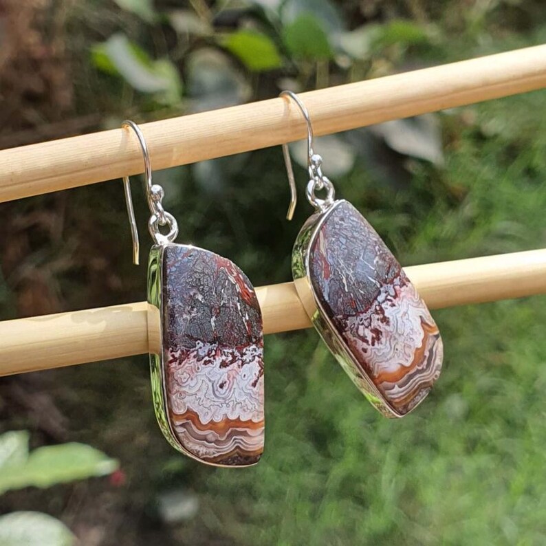 May include: A pair of dangle earrings featuring polished, semi-circular stones with intricate, layered banding in shades of deep brown, rust, cream, and white. The stones are set in silver-toned metal frames and hang from simple silver-toned wire hooks.