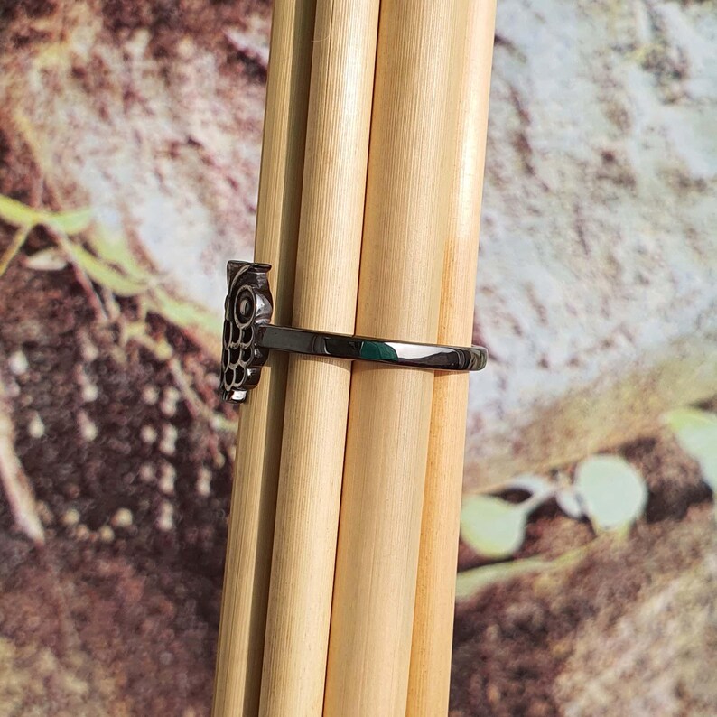 May include: A silver-colored ring featuring an owl design. The owl has detailed features, including eyes and feathers. The ring is set against a background of wooden dowels and foliage.