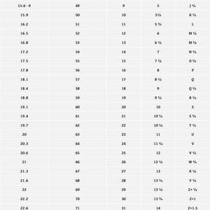 May include: Ring size chart with diameter and circumference measurements in millimeters, along with corresponding US/CAN and UK sizes. Includes instructions: cut thread, mark finger, measure length in mm.