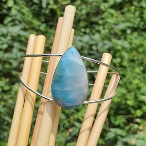 Natural Larimar Cuff Bangle Bracelet Sterling Silver - Larimar Bangle Bracelet for Women - Cuff Bracelets with Stones - Healing Crystal