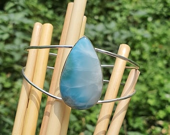 Natural Larimar Cuff Bangle Bracelet Sterling Silver - Larimar Bangle Bracelet for Women - Cuff Bracelets with Stones - Healing Crystal