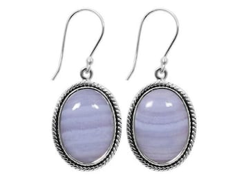 Pendientes colgantes de ágata azul con encaje estilo bohemio, plata de ley 925, hechos a mano, piedra preciosa ovalada natural.