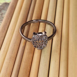 May include: A silver-colored ring featuring an owl design. The owl has detailed features, including large eyes and a textured body. The ring is set against a background of light brown wooden sticks.