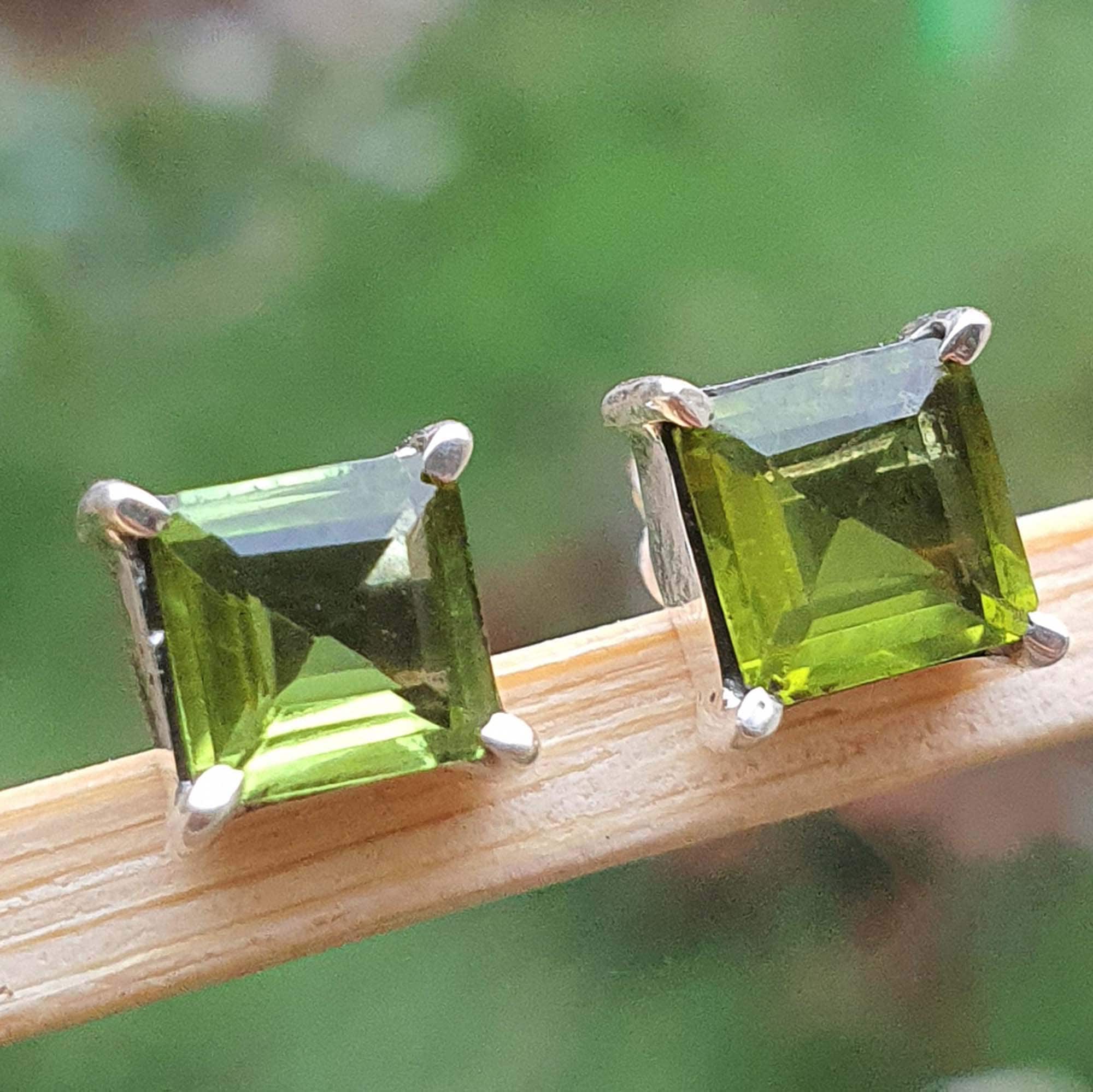 Square Cut Peridot Stud Earrings Sterling Silver Peridot Etsy