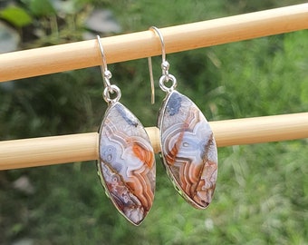 Laguna Lace Agate Earrings in Sterling Silver - Crazy Lace Agate, Women's Jewelry, Handmade, Delicate Dangle, Available Marquise, Rectangle