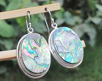 Large Oval Abalone Shell Mother of Pearl Sterling Silver Dangle Earrings - Delicate Women's Rainbow Jewelry