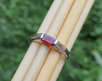 Mens Sterling Silver Garnet Ring - Red Rings for Men- Emerald Signet - Pinky - Wide Band