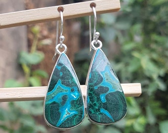 Teardrop Large Green Malachite Earrings for Women - 925 Sterling Silver Drop - Malachite in Chrysocolla