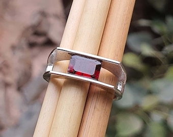 Emerald Cut Garnet Mens Ring, 925 Sterling Silver Jewelry, Trendy Gift for Him