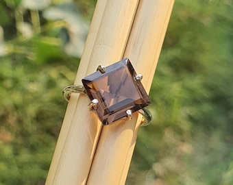 Smoky Quartz Rings for Women Sterling Silver Ring, Brown Stone Statement Ring, 925 Silver Jewelry, Meditation, Trendy, Square Gemstone
